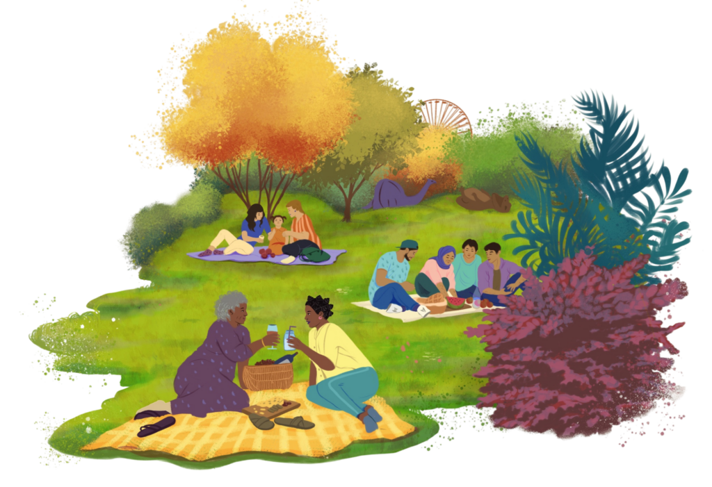 Illustration eines Picknicks im Park: Mehrere Gruppen unterschiedlichen Alters und Hintergrunds sitzen auf Decken im Grünen, essen und unterhalten sich gemeinsam