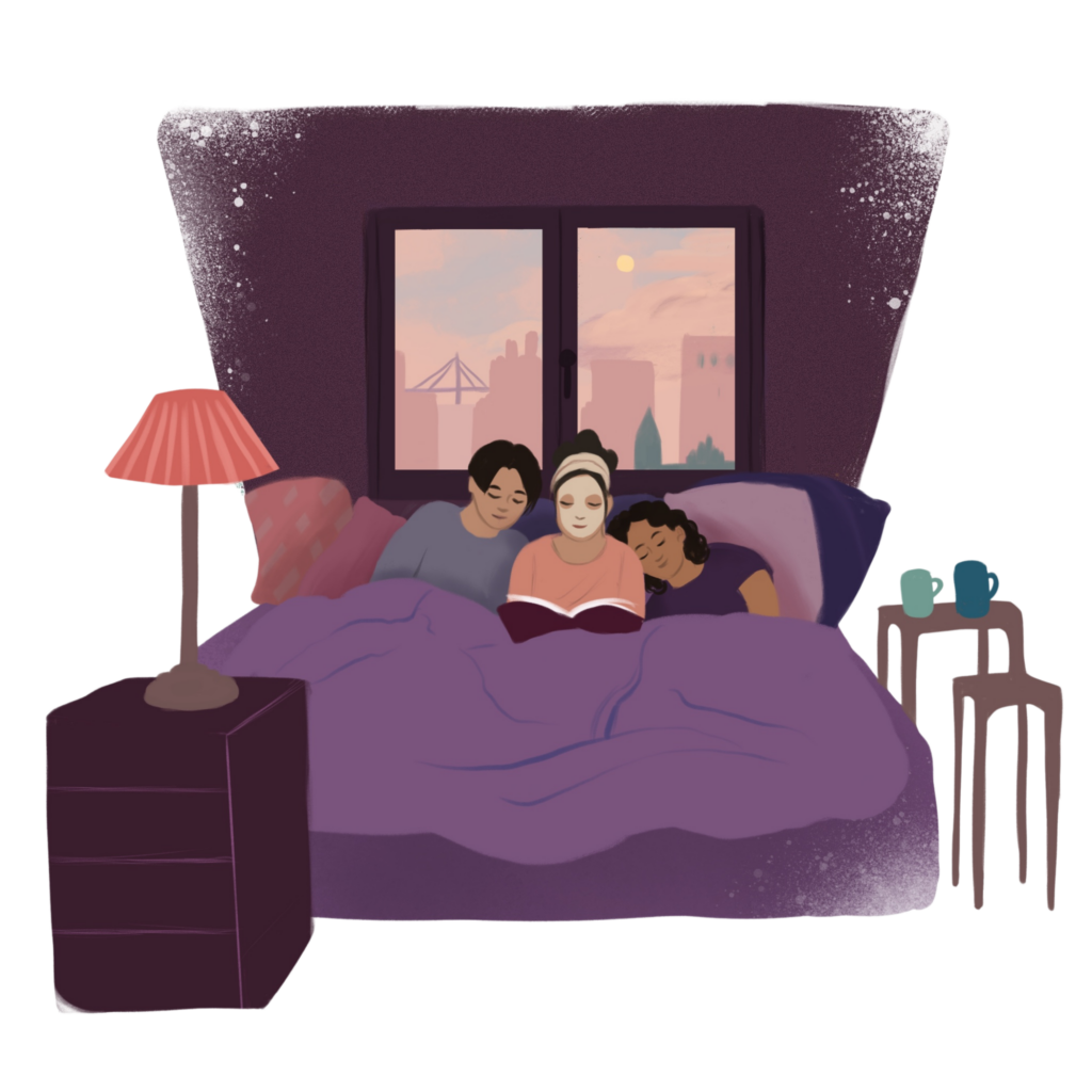 Illustration einer Person, die abends im Bett liest, mit InteraXion-Logo