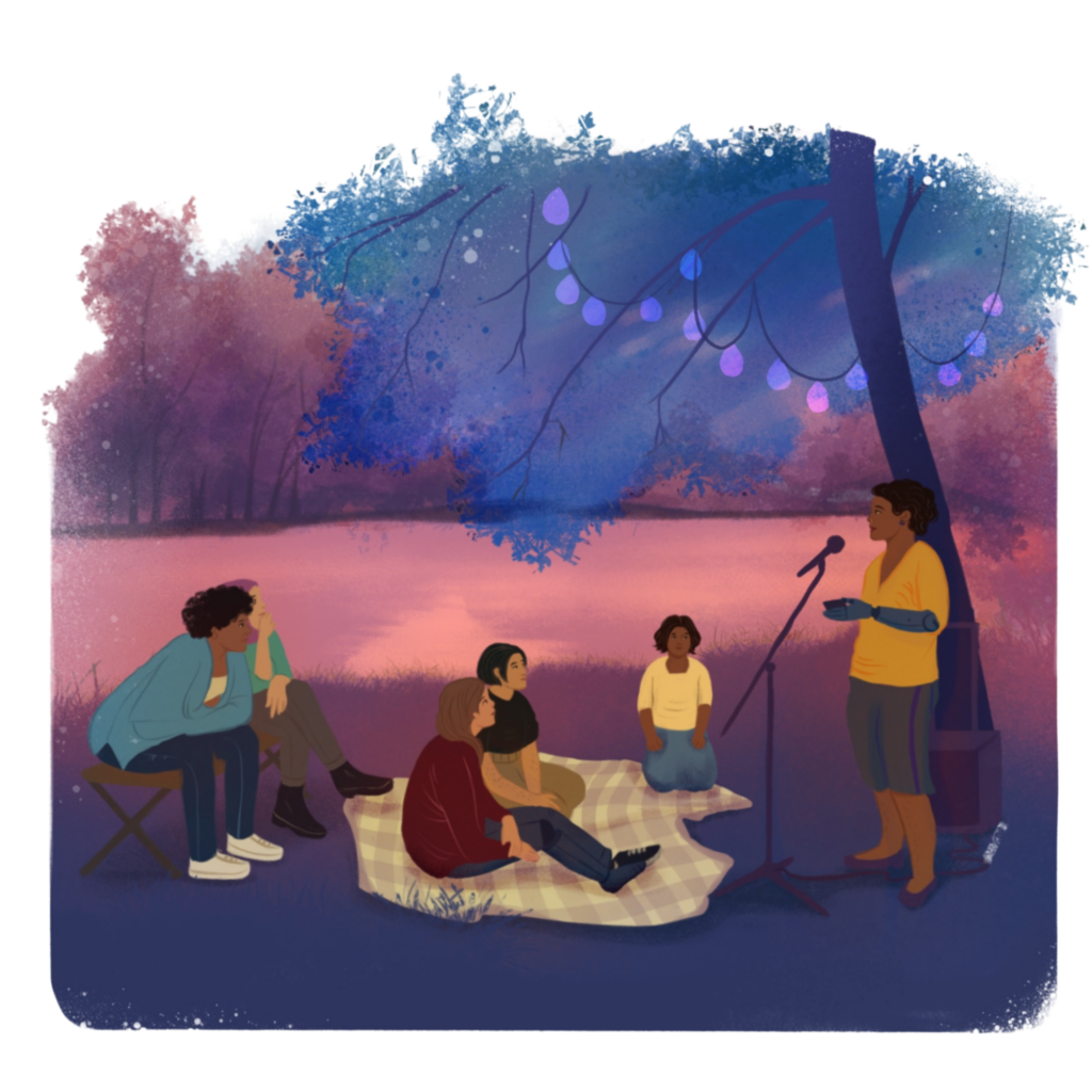 Illustration einer Abendveranstaltung am See: Eine Frau mit Armprothese spricht in ein Mikrofon vor einer Gruppe von Zuhörenden, die auf Decken und Hockern sitzen, unter Lichterketten in den Bäumen